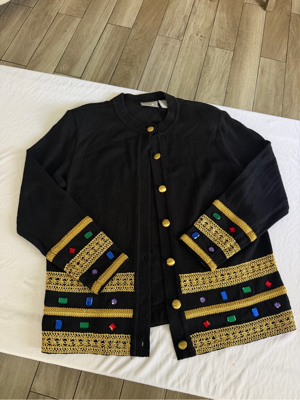 VTG Liz Claiborne Jewel Embellished Cardigan Jacket Black Gold Metallic Knit L